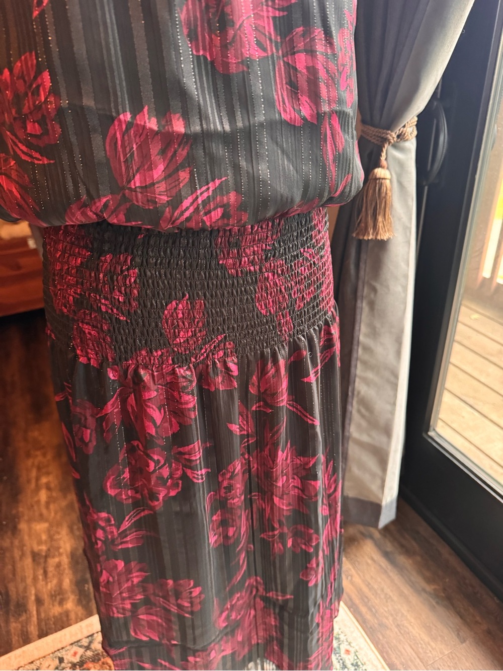 White House Black Market Black Midi Dress with Magenta Floral Print - Picture 7 of 14